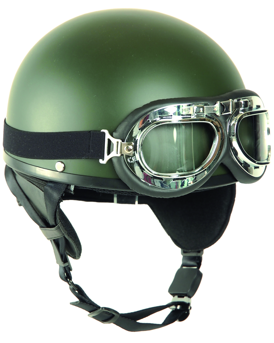 Helma moto retro oliv s brýlemi